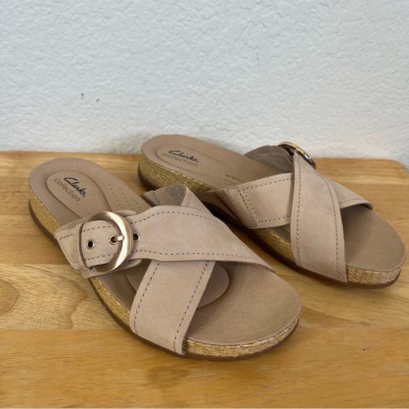 Clarks Collection Leather Slide Sandals Reileigh May Beige Size 10W - Picture 4 of 9